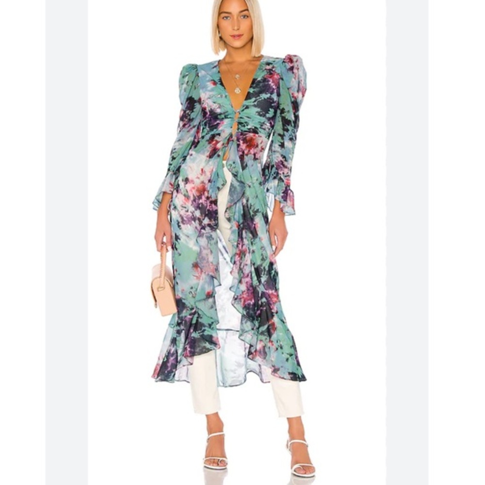 Lovers + Friends Floral Tunic - Mint and Pink top Sz small ruffles kimono